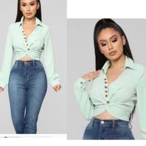 Fashion Nova mint green long puff sleeve front twist button blouse top Sz M